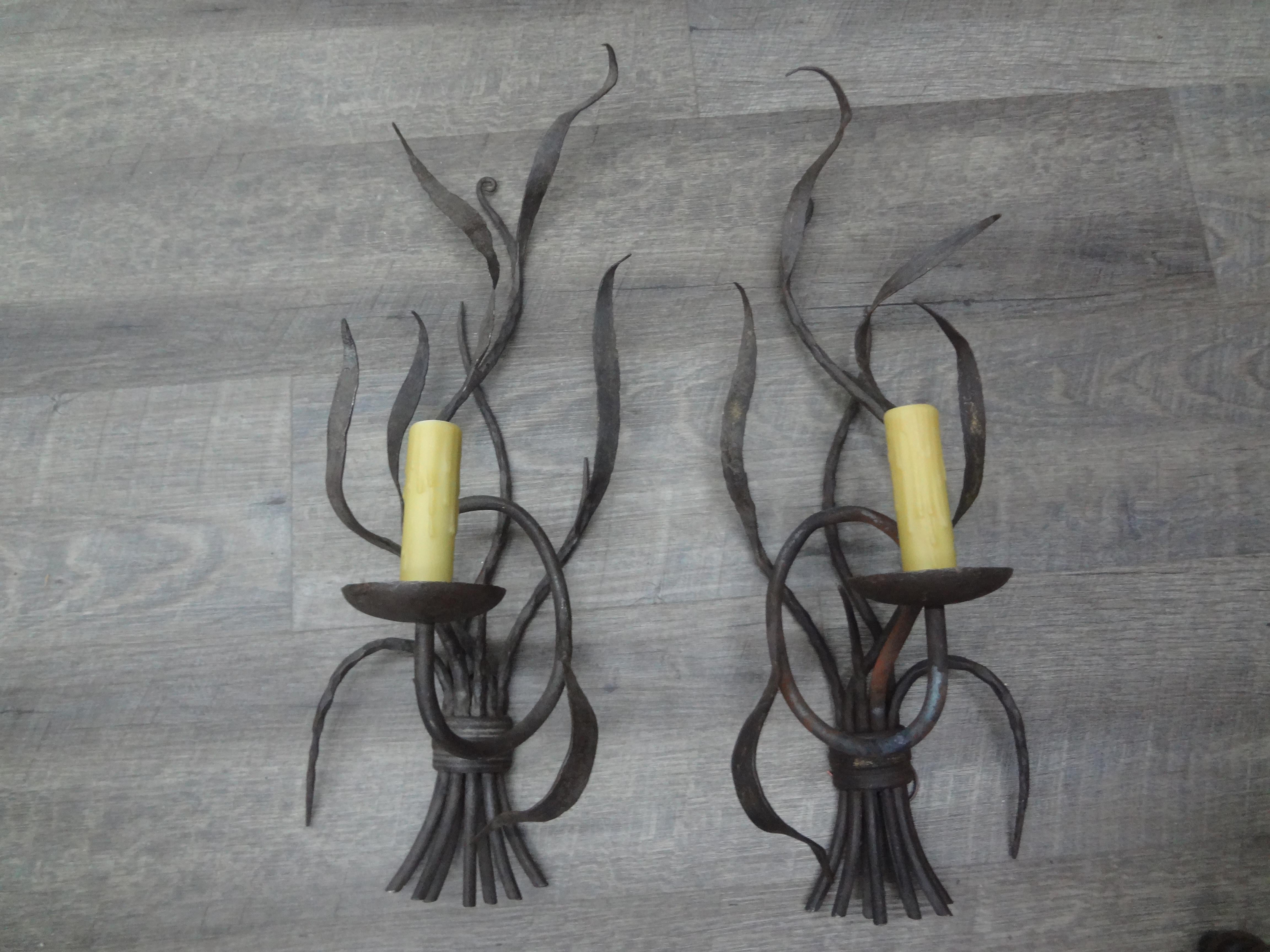 Brutalist Pair of French Wrought Iron Sconces For Sale