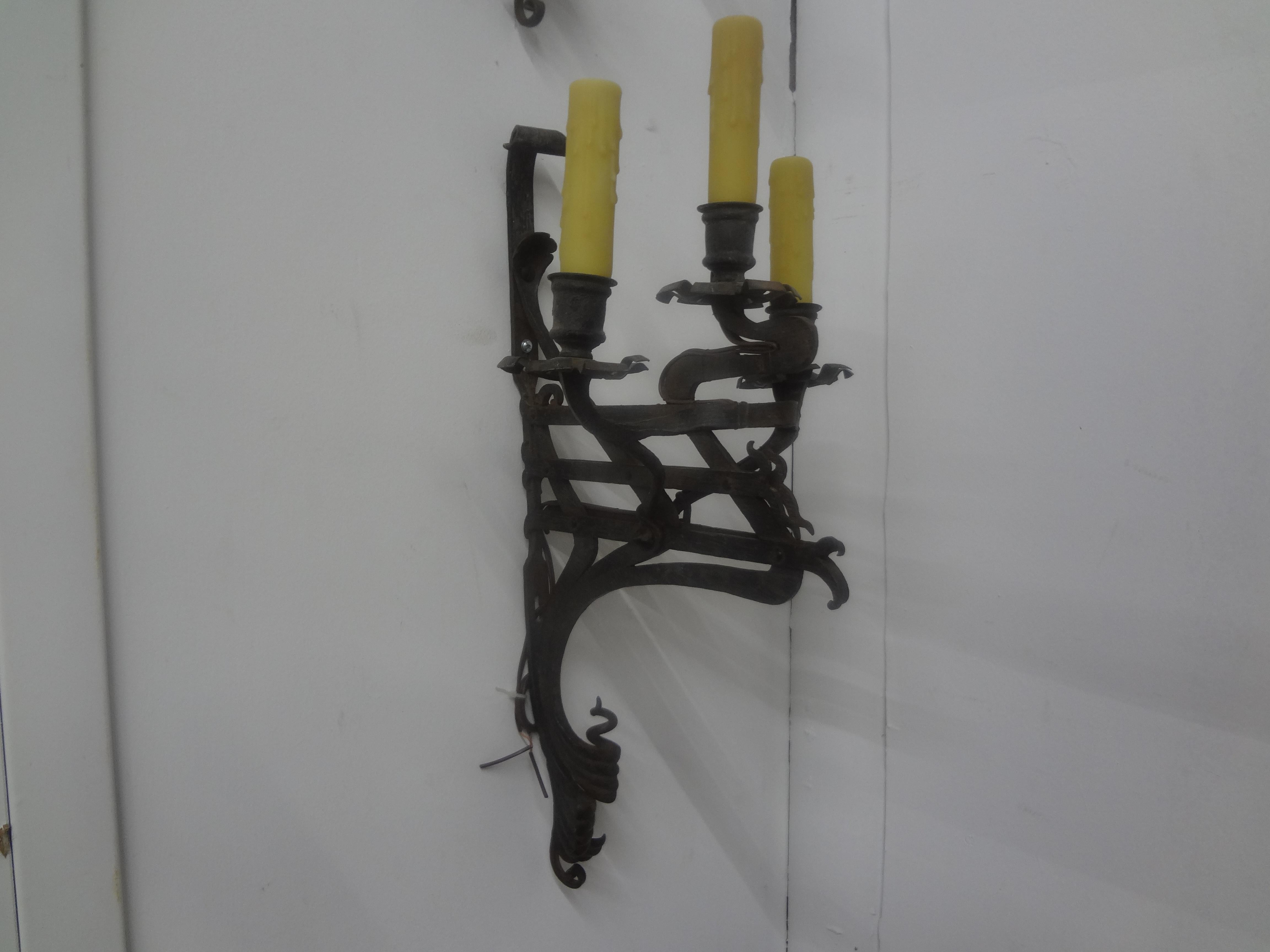 Art Nouveau Pair Of 19th Century French Wrought Iron Sconces For Sale