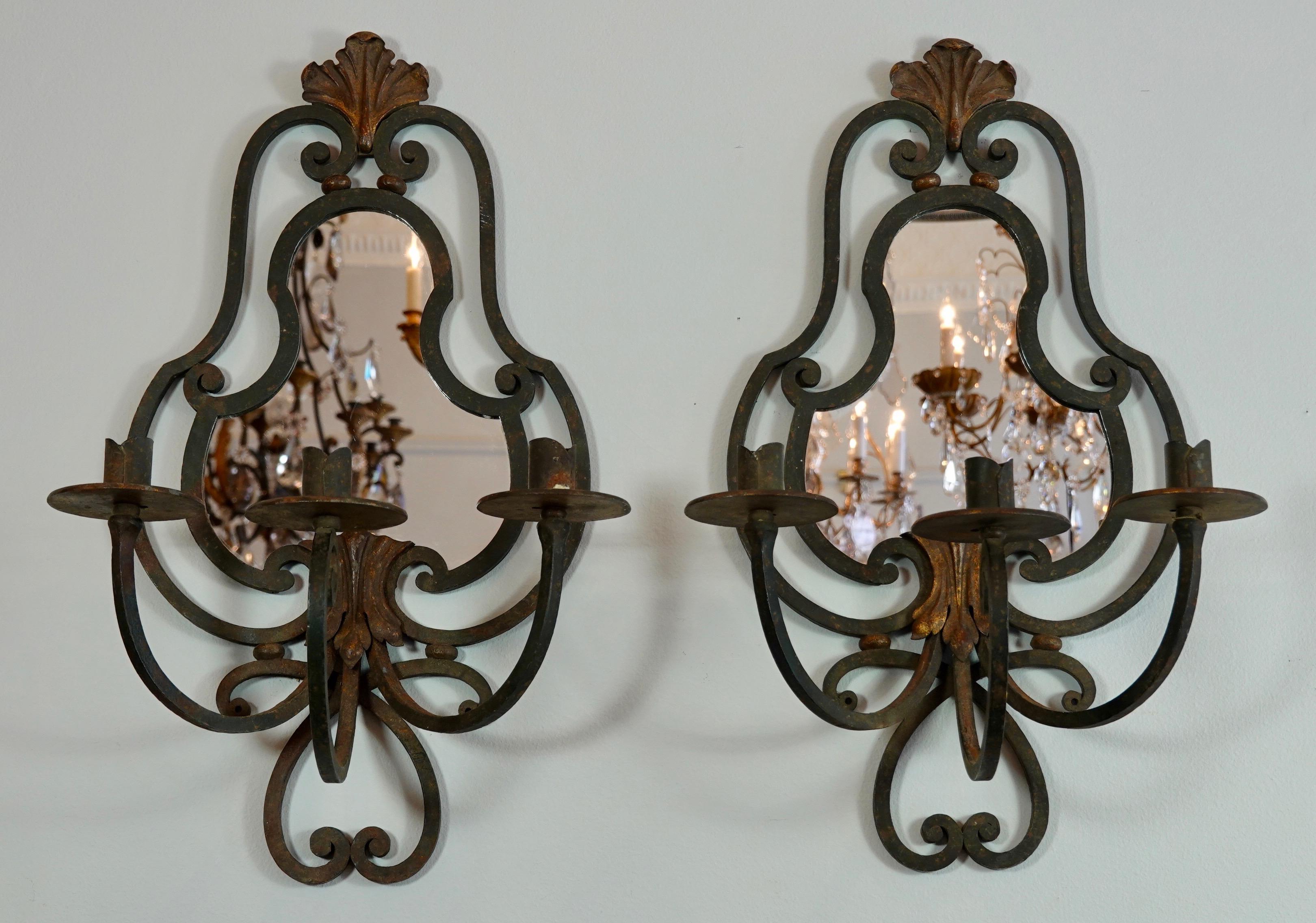 Pair of French Wrought Iron Sconces with Mirrored Backs '2 Pairs Available' For Sale 7