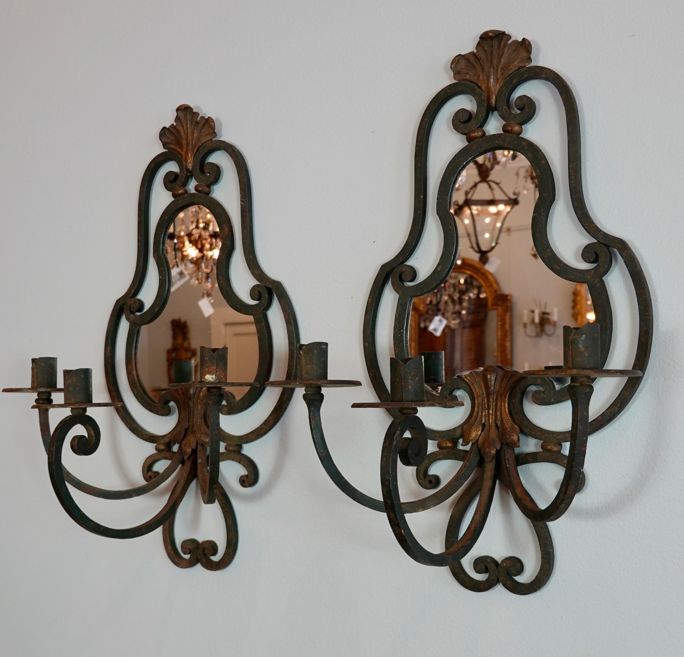 Pair of French Wrought Iron Sconces with Mirrored Backs '2 Pairs Available' For Sale 8