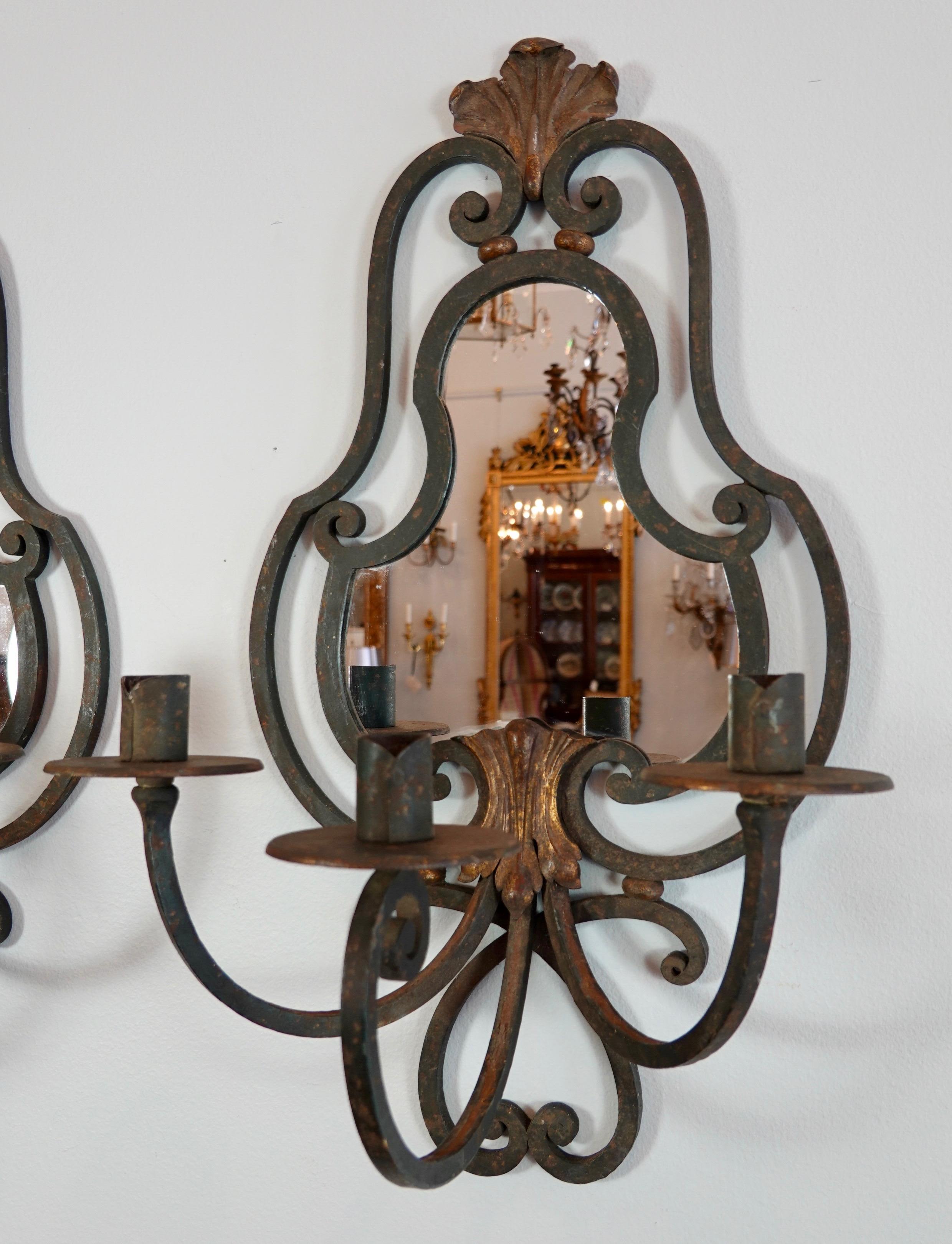 Pair of French Wrought Iron Sconces with Mirrored Backs '2 Pairs Available' For Sale 9