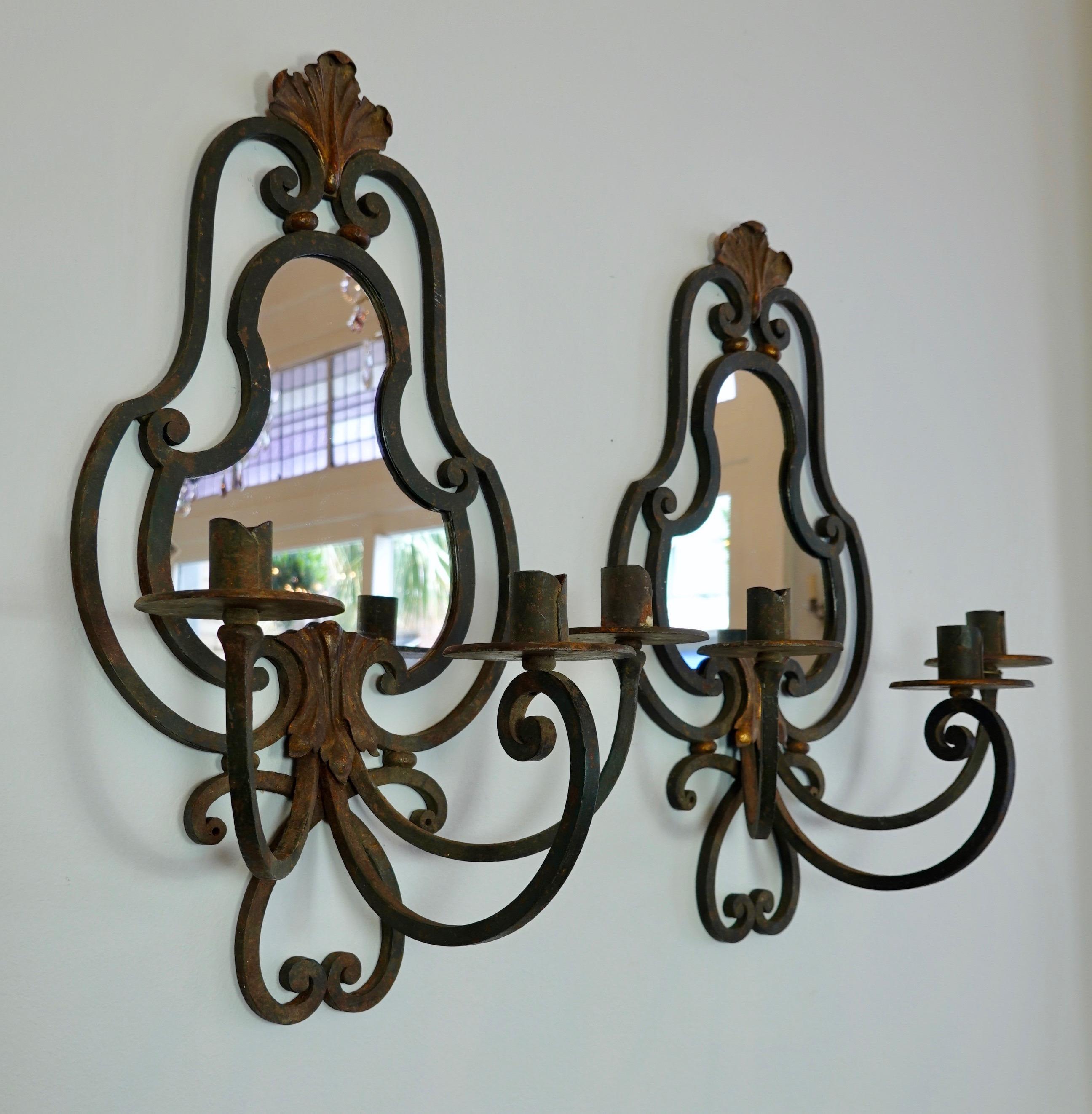 Pair of French Wrought Iron Sconces with Mirrored Backs '2 Pairs Available' For Sale 10