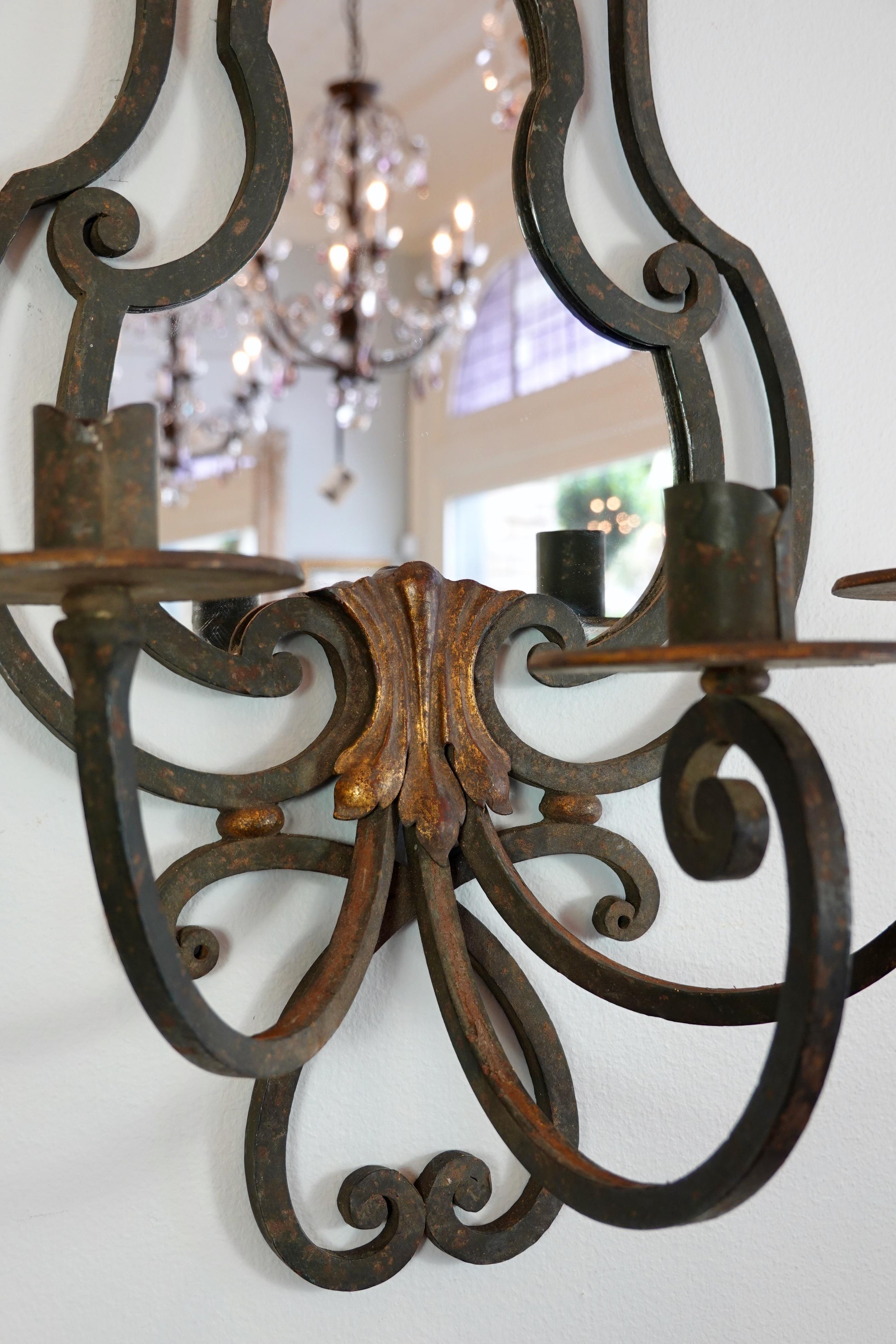 Pair of French Wrought Iron Sconces with Mirrored Backs '2 Pairs Available' For Sale 11