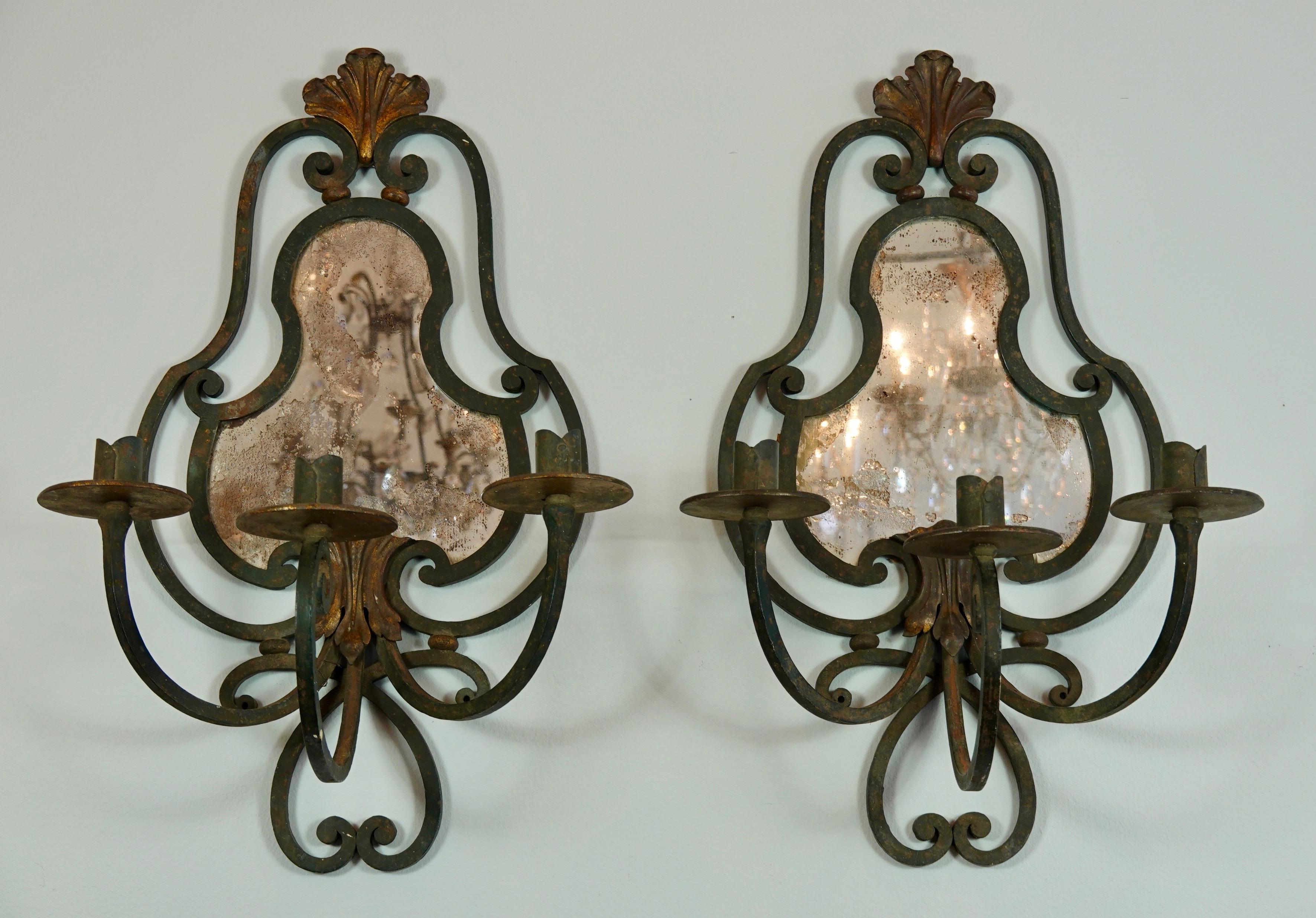 French Provincial Pair of French Wrought Iron Sconces with Mirrored Backs '2 Pairs Available' For Sale