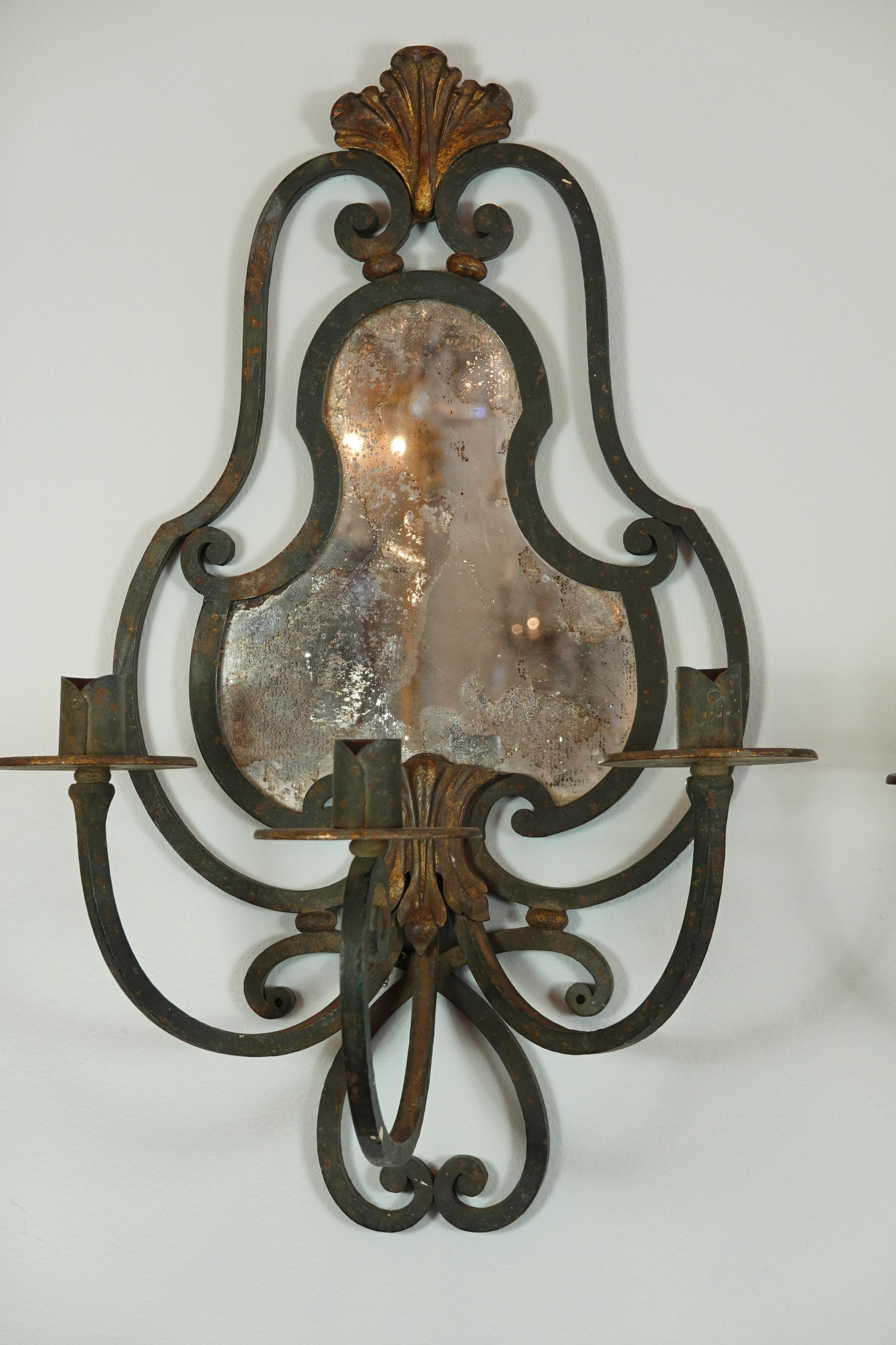Pair of French Wrought Iron Sconces with Mirrored Backs '2 Pairs Available' In Good Condition For Sale In Pembroke, MA
