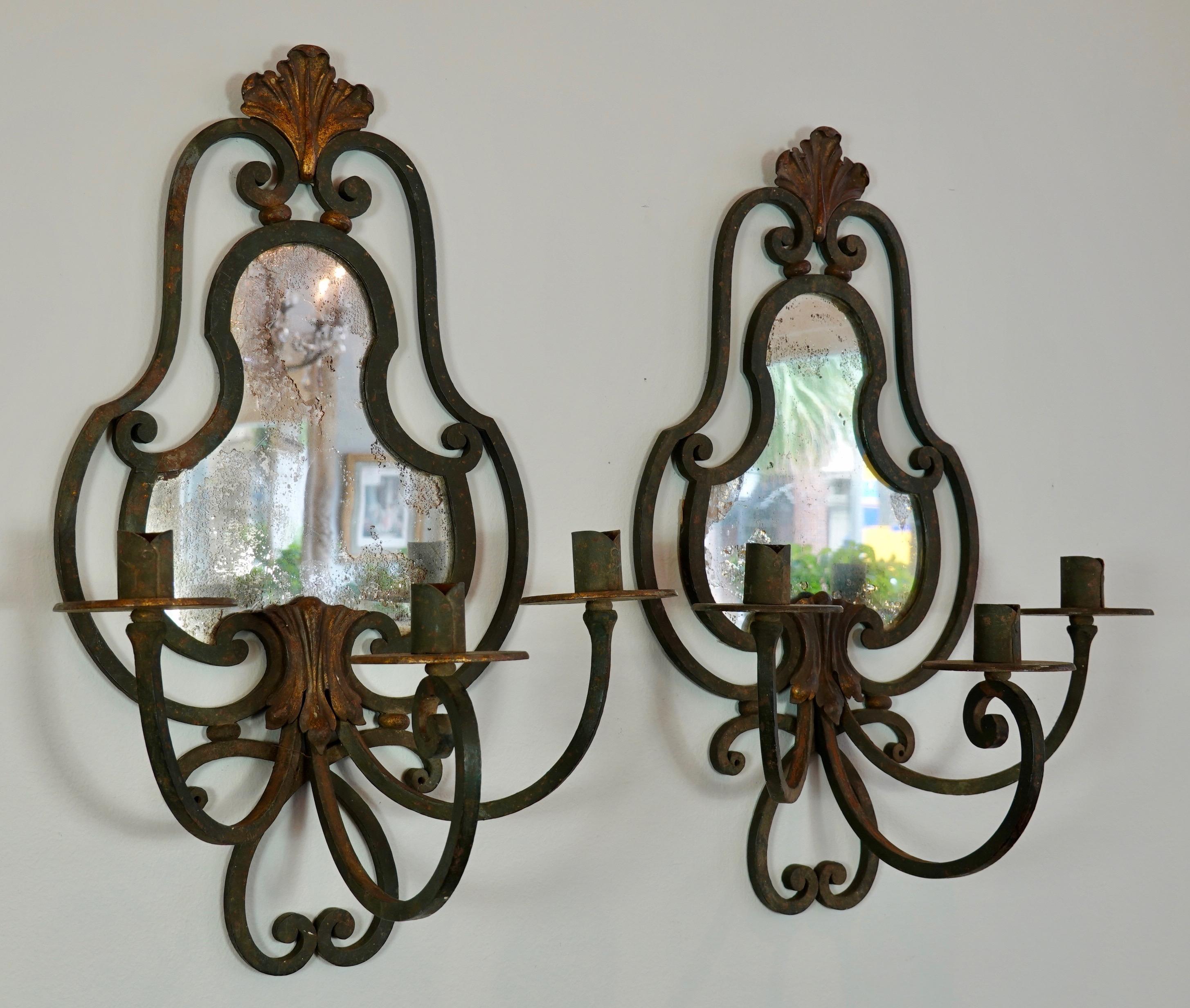 20th Century Pair of French Wrought Iron Sconces with Mirrored Backs '2 Pairs Available' For Sale