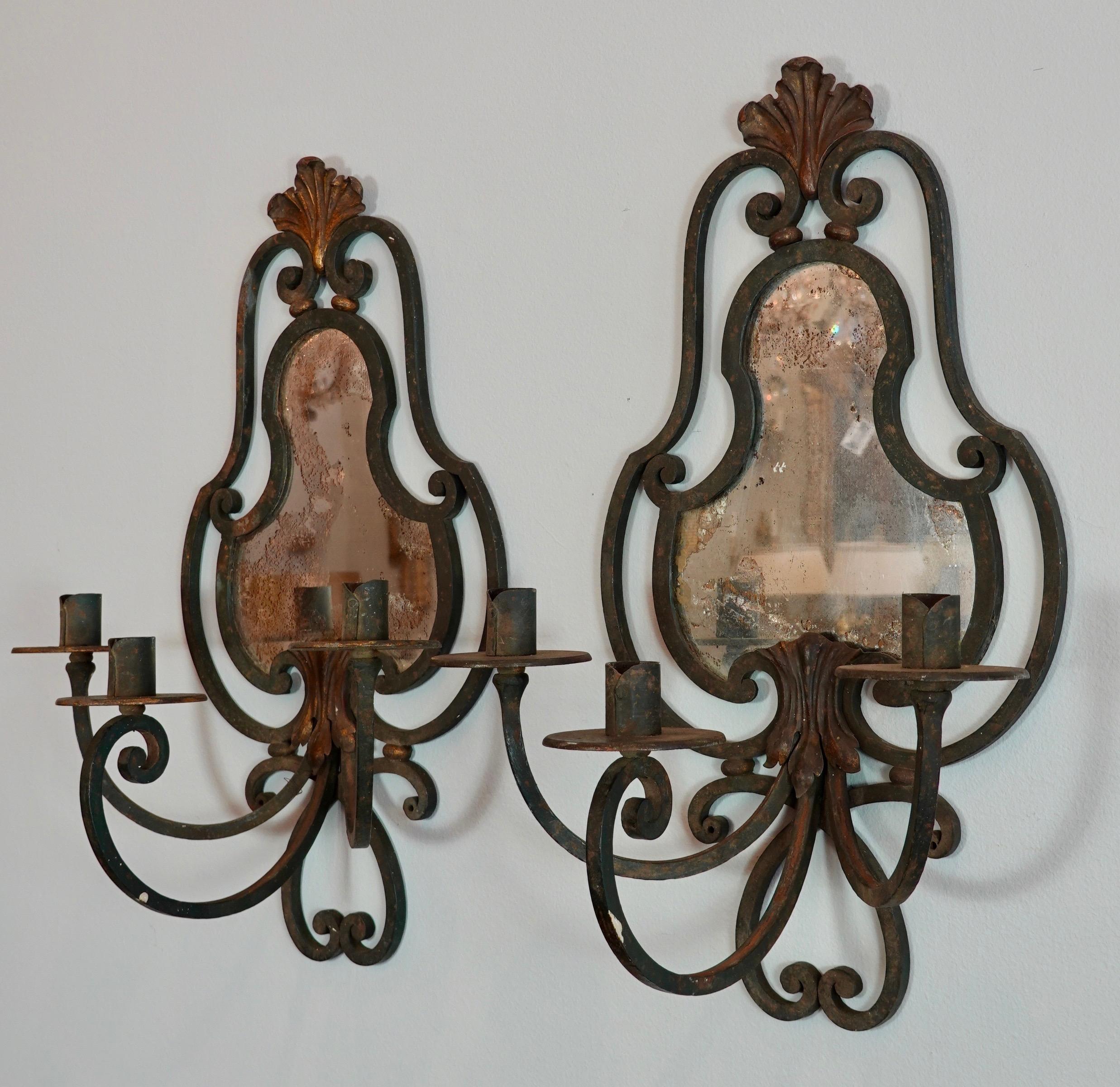 Pair of French Wrought Iron Sconces with Mirrored Backs '2 Pairs Available' For Sale 1