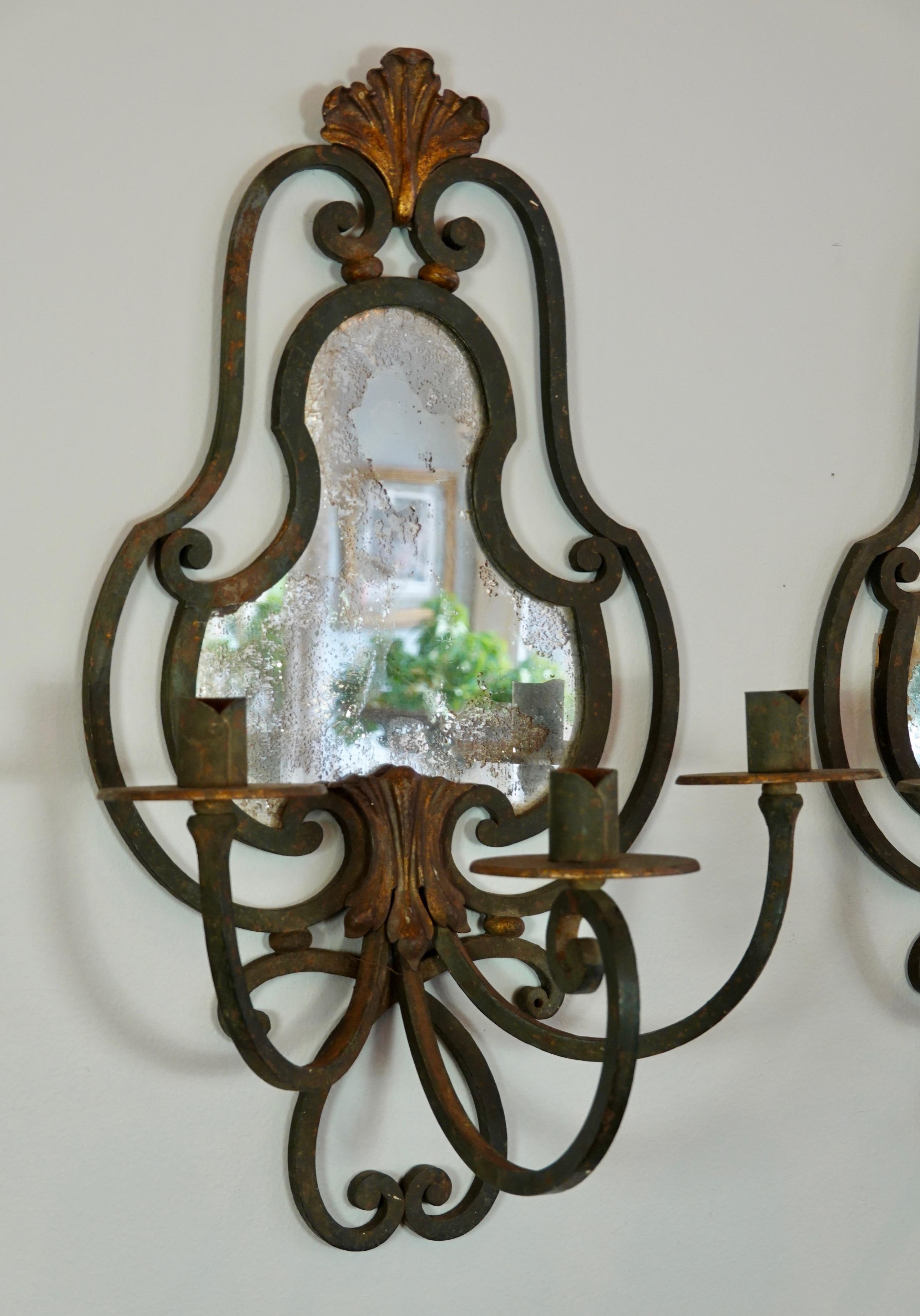Pair of French Wrought Iron Sconces with Mirrored Backs '2 Pairs Available' For Sale 2