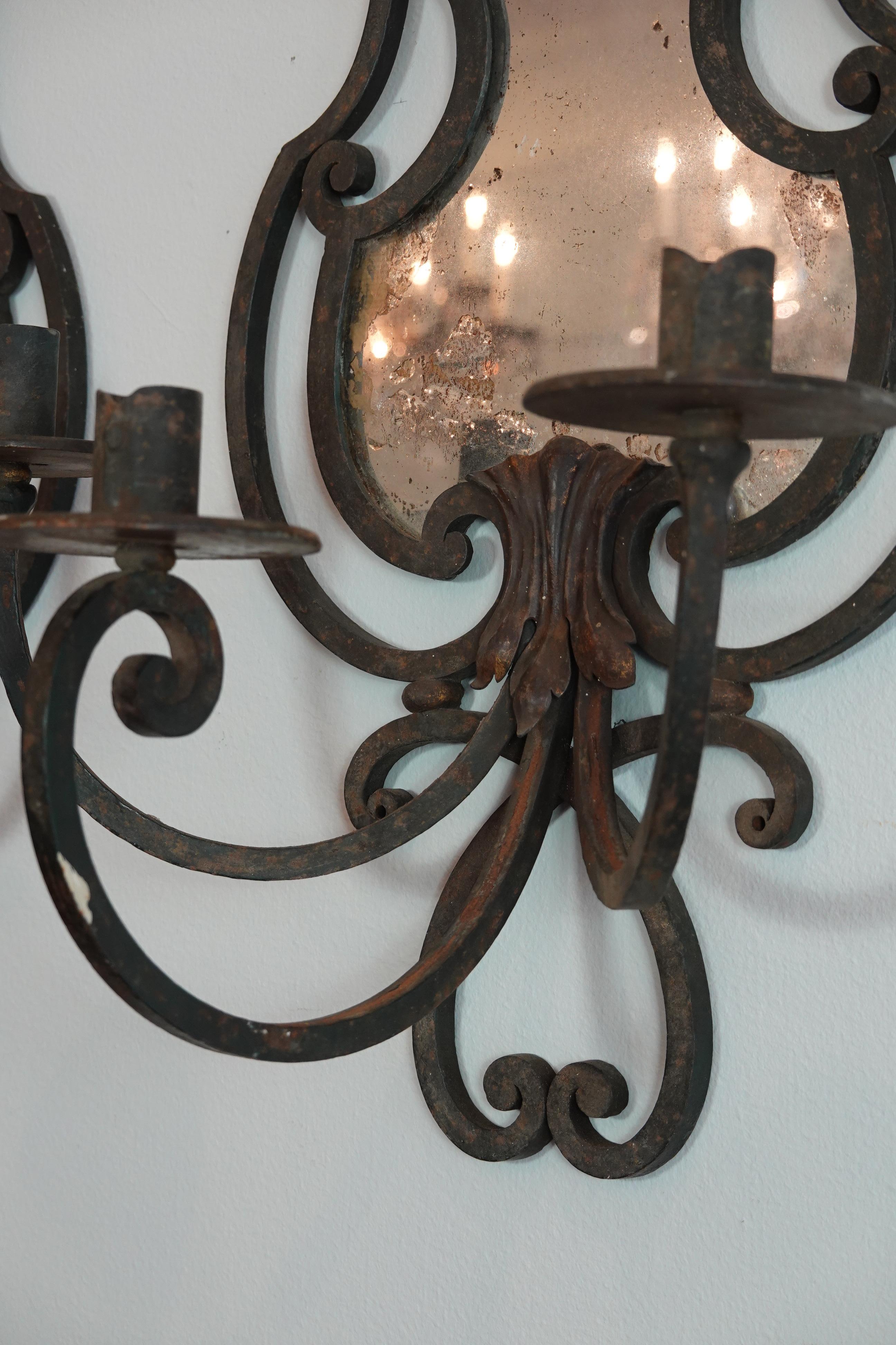 Pair of French Wrought Iron Sconces with Mirrored Backs '2 Pairs Available' For Sale 3