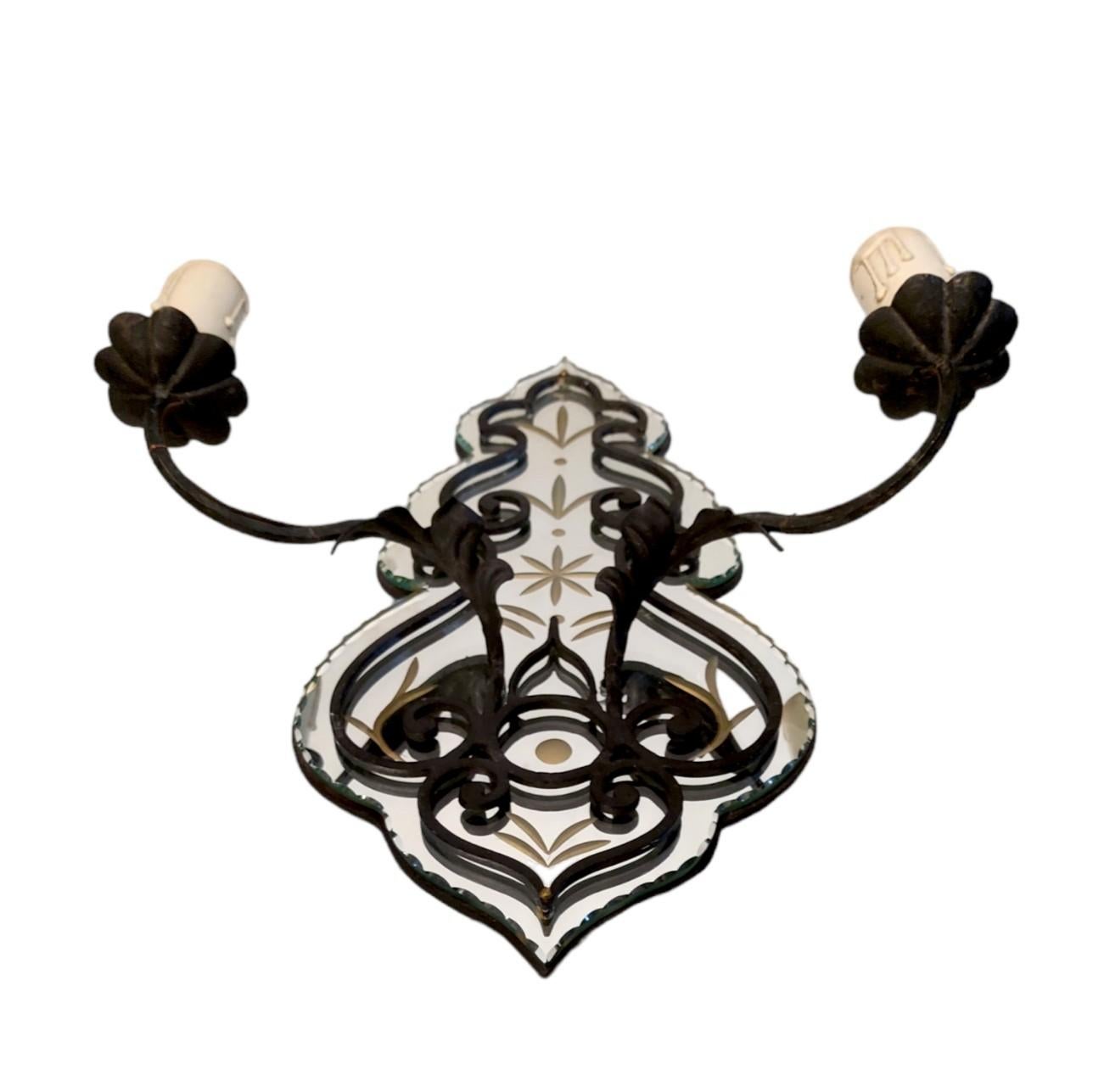 Pair of French Wrought Iron Sconces with Mirrored Backs For Sale 3
