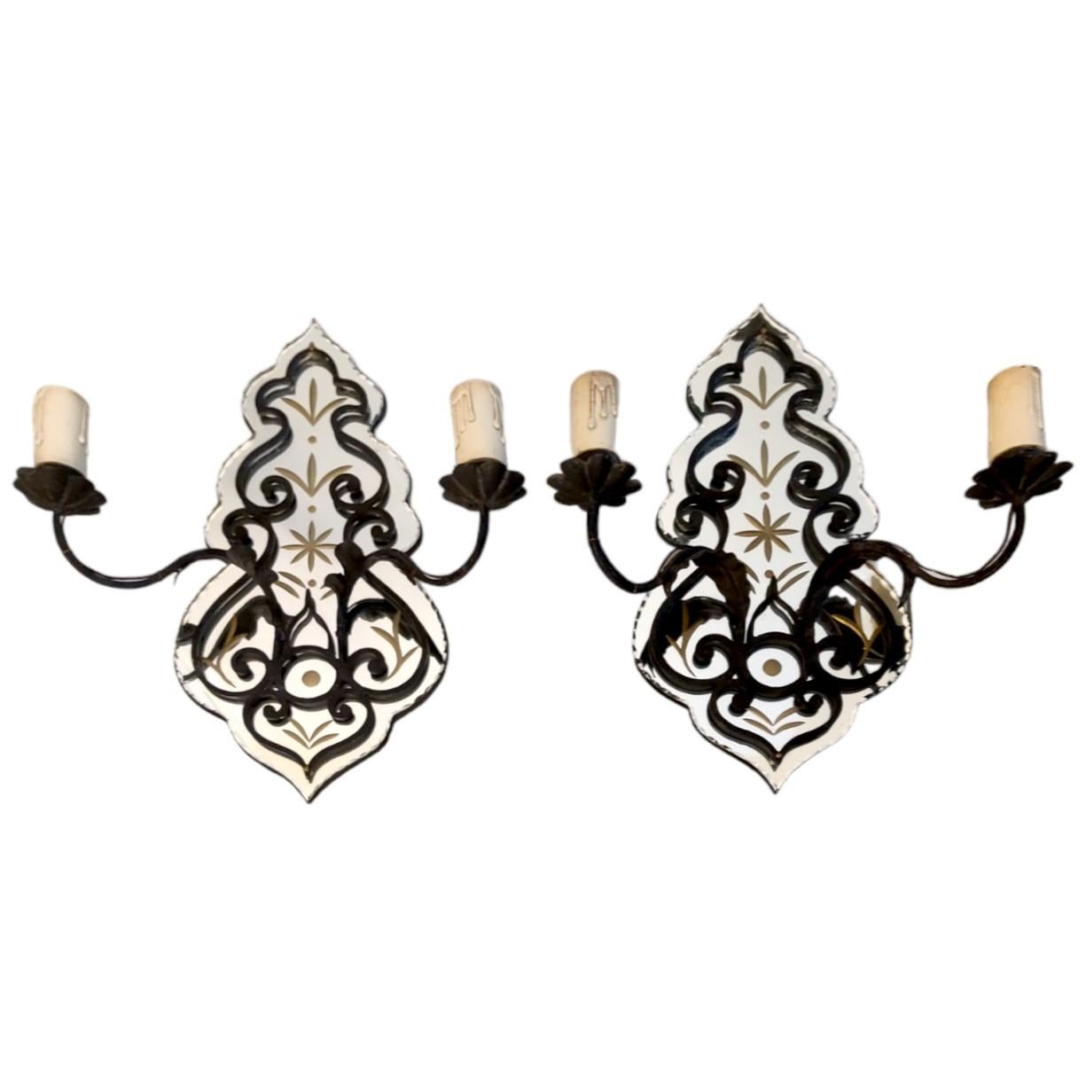Pair of French Wrought Iron Sconces with Mirrored Backs For Sale 4