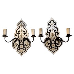 Pair of French Wrought Iron Sconces with Mirrored Backs
