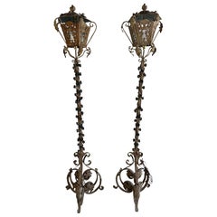 Pair of French Wrought Iron Standing Lanterns