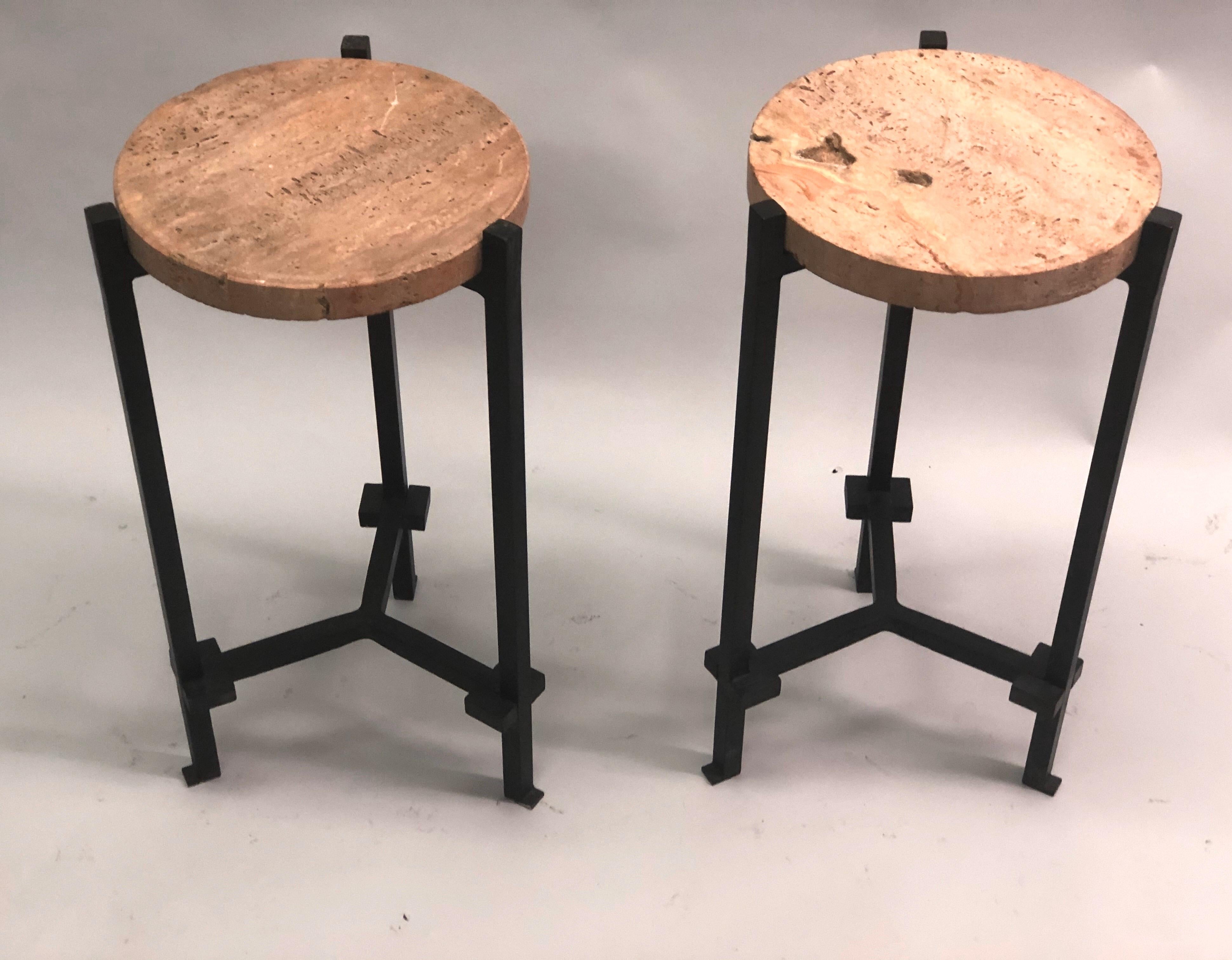 Pair of French Wrought Iron, Travertine & Crystal Side Tables, Marc du Plantier 3