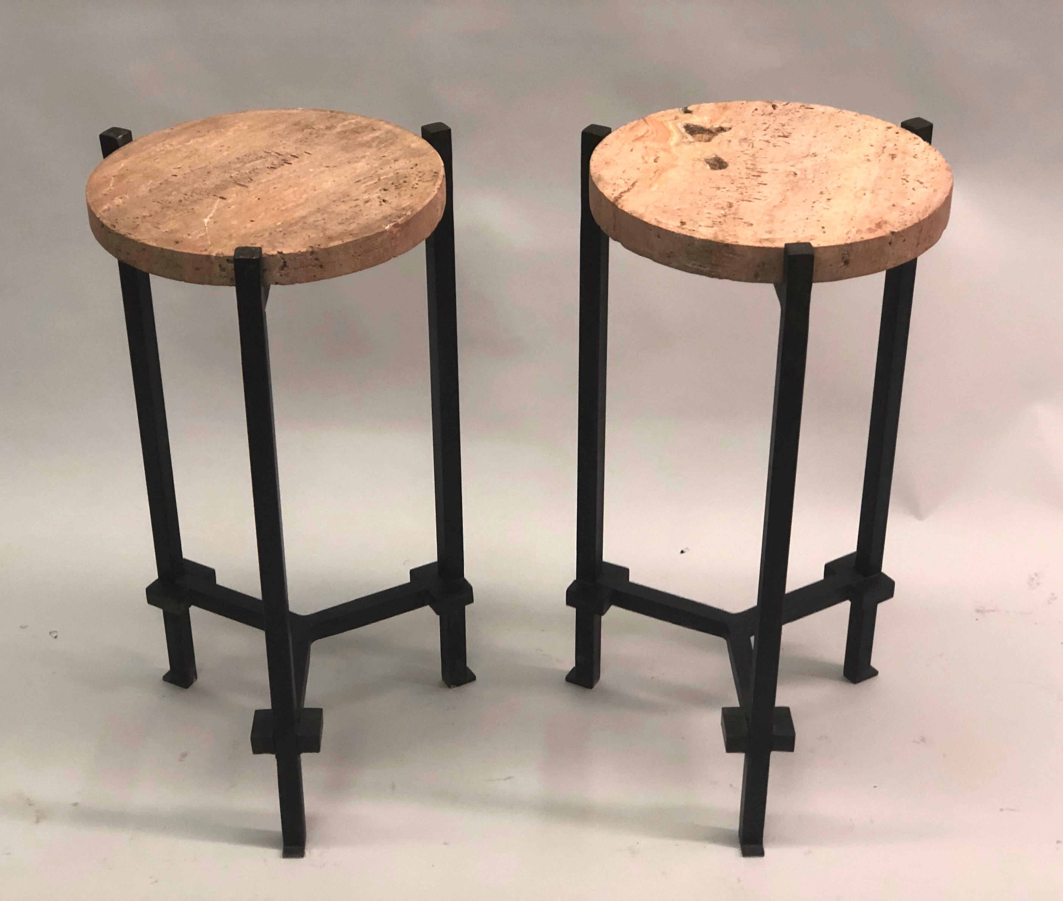 Pair of French Wrought Iron, Travertine & Crystal Side Tables, Marc du Plantier 4