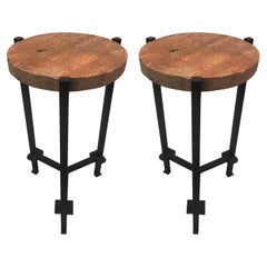Pair of French Wrought Iron, Travertine & Crystal Side Tables, Marc du Plantier