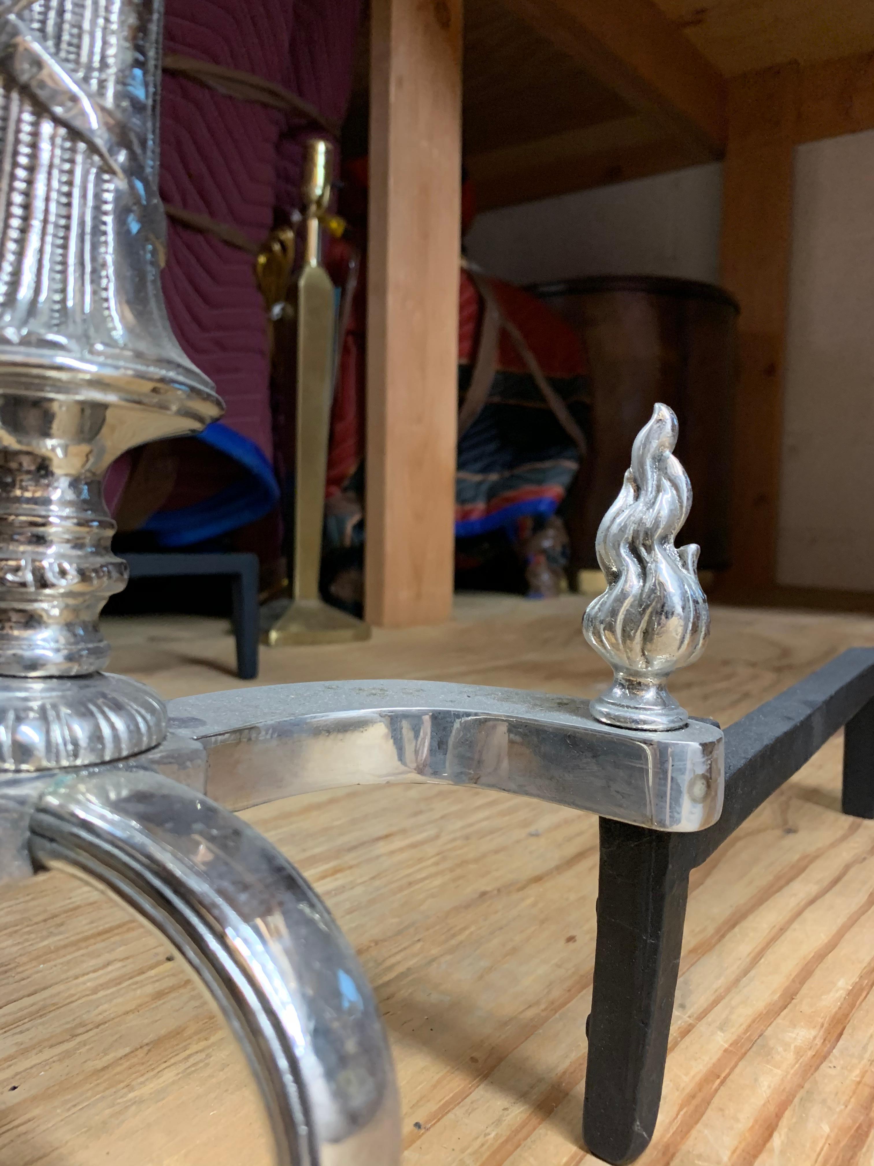 American Pair of French X-Andirons with Flame Head For Sale
