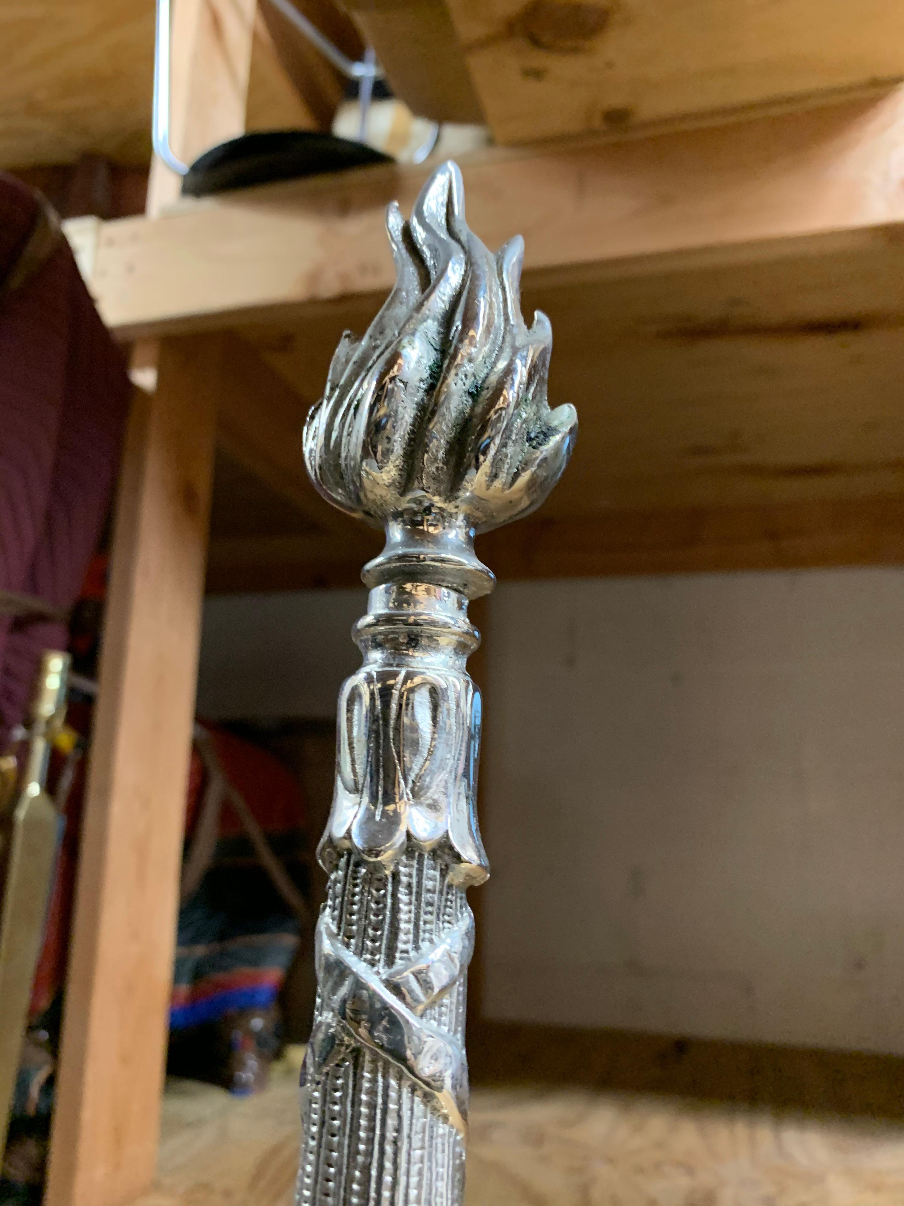 Pair of French X-Andirons with Flame Head In Excellent Condition For Sale In Bronx, NY
