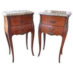 Antique Pair of French XIX, Louis XV Nightstands with Marble Tops and Ormolu Mountings