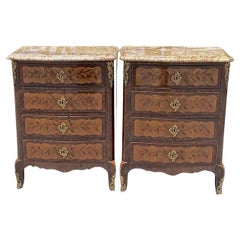 Pair of French XIX Louis XVI 4 Drawer Chest of Drawers With Inlay and Marble Top