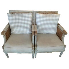 Antique Pair of French Louis XVI Rush and Fabric Armchairs with Two Cushions Each