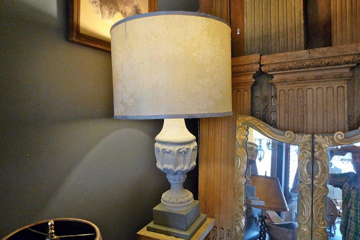 Pair of French XIX Painted Stone Pillar Lamps with Painted Wood Half Shades 5