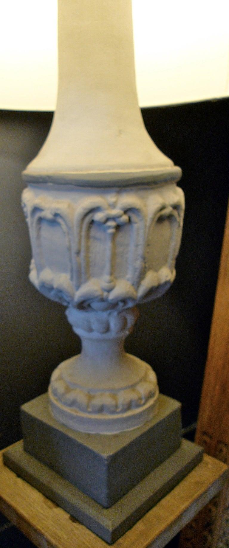 Pair of French XIX Painted Stone Pillar Lamps with Painted Wood Half Shades 3