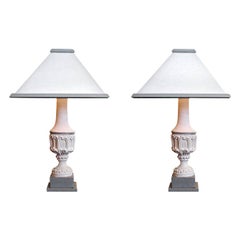 Pair of French XIX Painted Stone Pillar Lamps with Painted Wood Half Shades