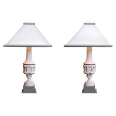 Pair of French XIX Painted Stone Pillar Lamps with Painted Wood Half Shades