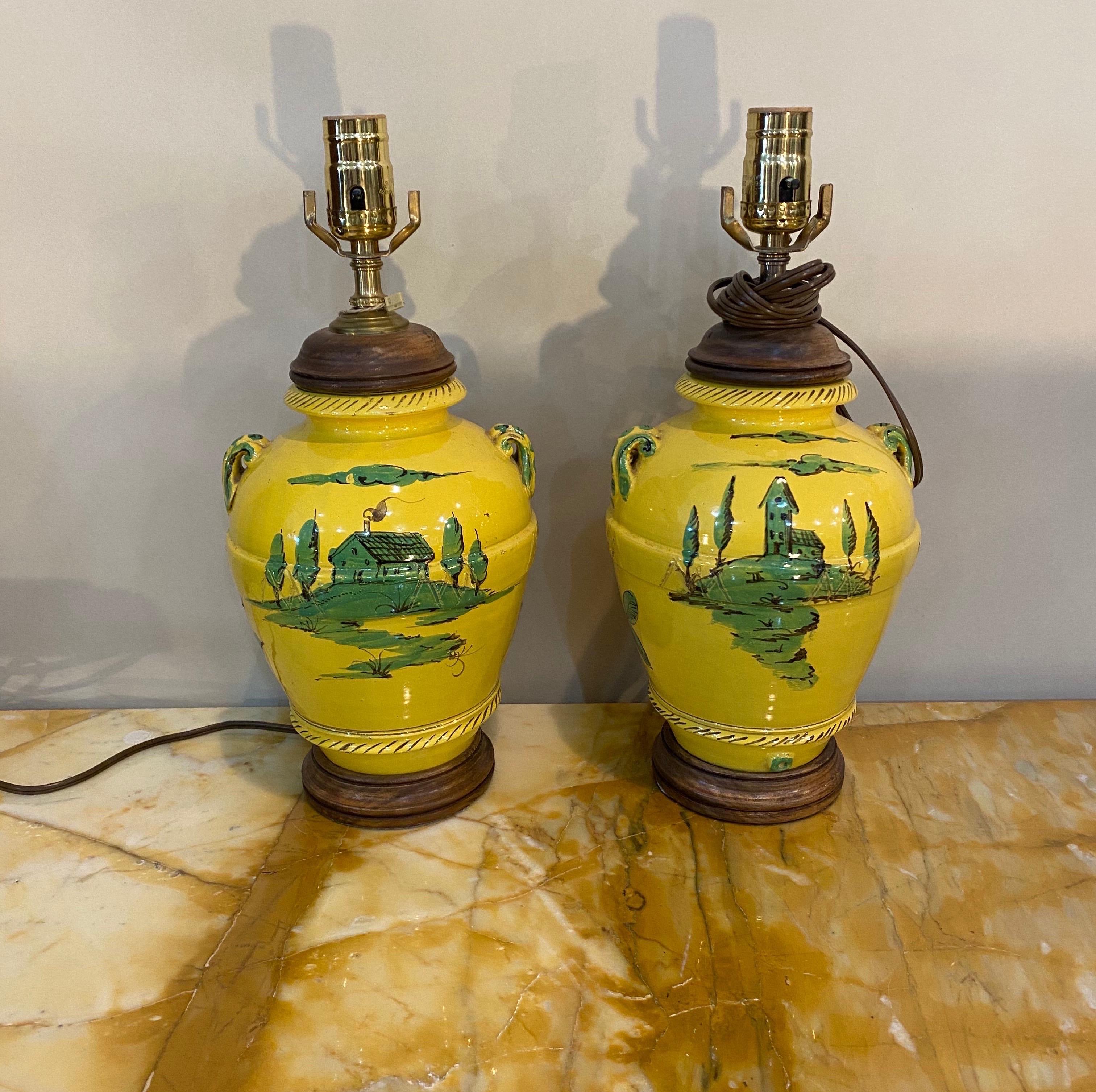 Pair of French Yellow and Green Vases Mounted as Lamps In Good Condition For Sale In Charleston, SC