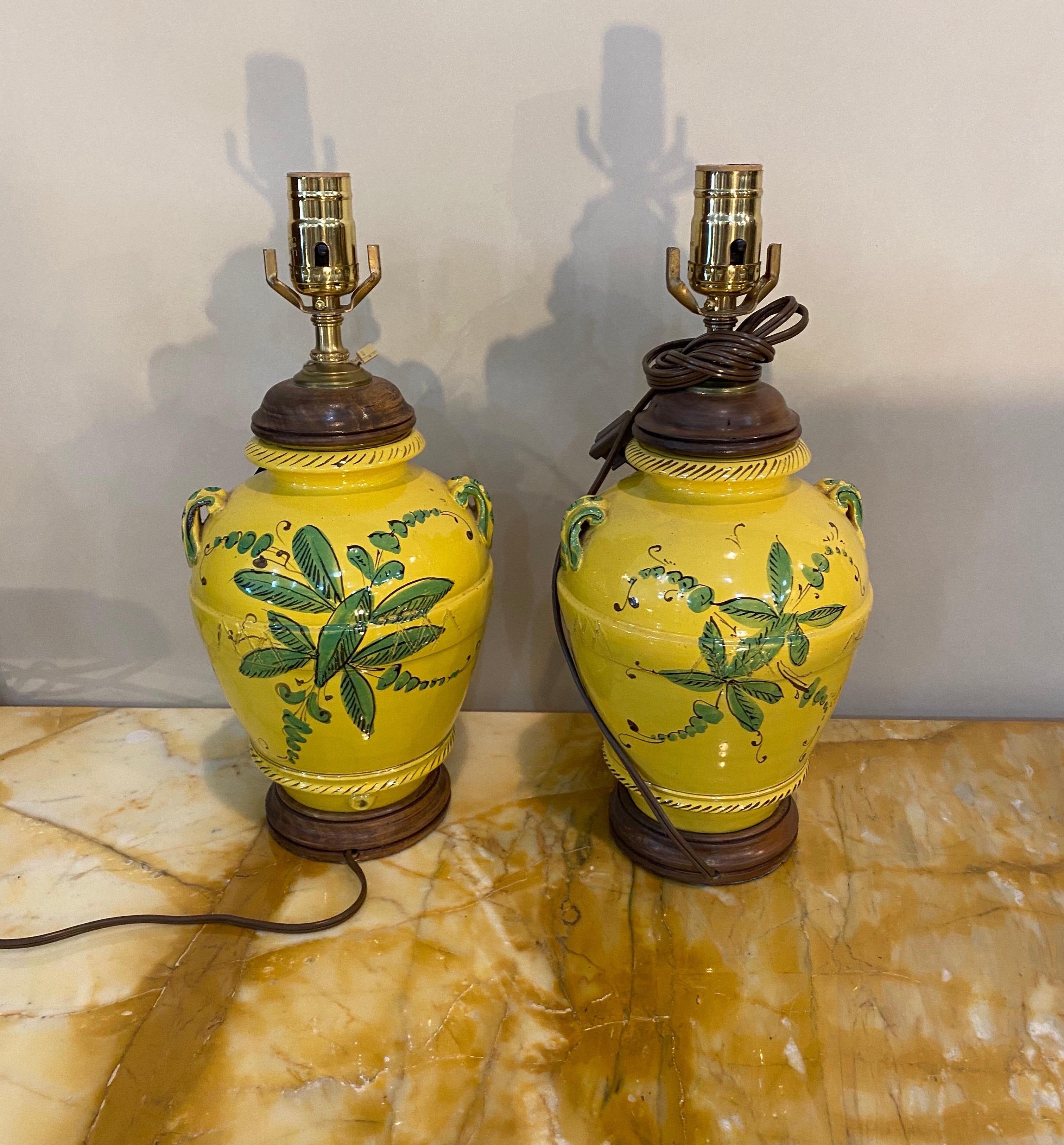 20th Century Pair of French Yellow and Green Vases Mounted as Lamps For Sale