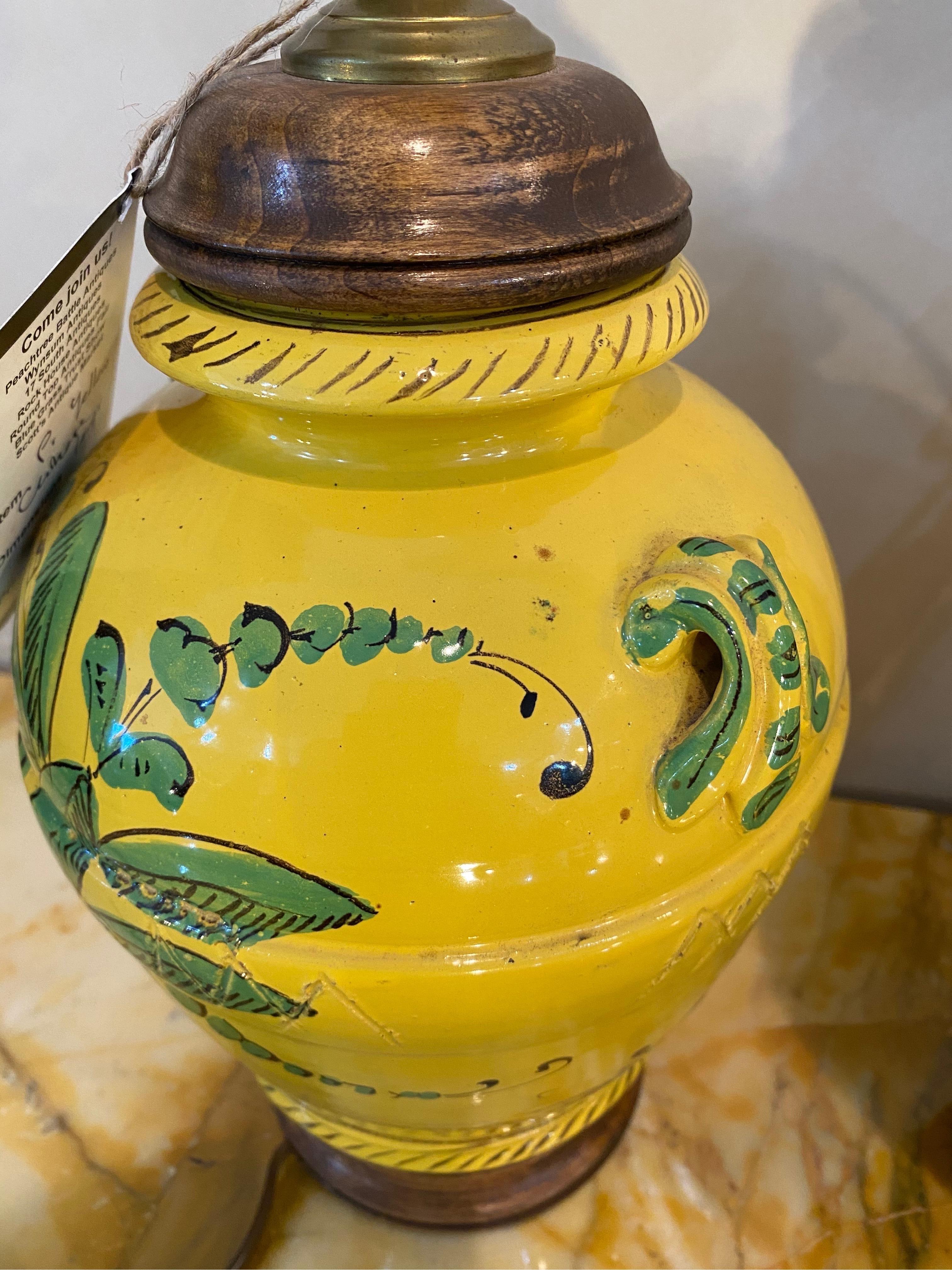 Porcelain Pair of French Yellow and Green Vases Mounted as Lamps For Sale