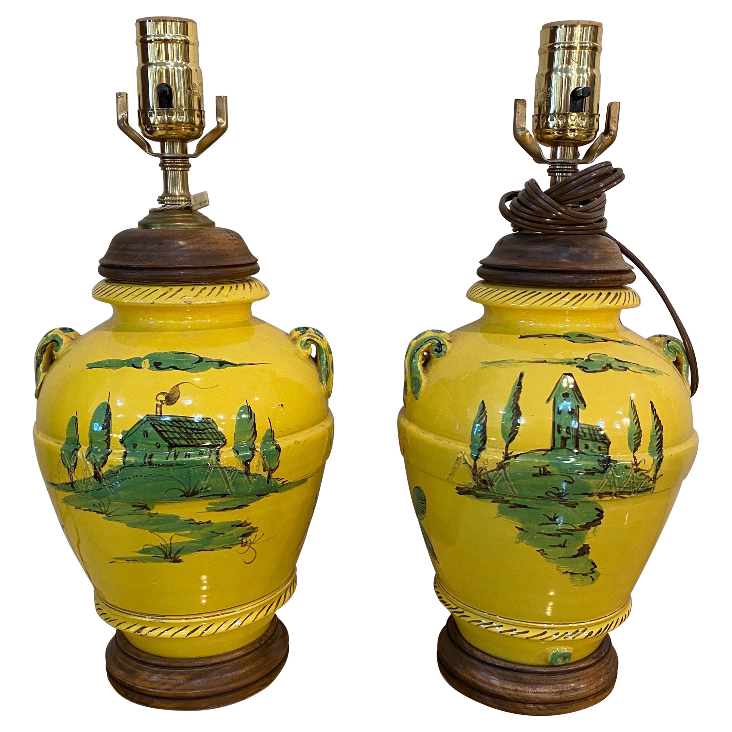 Pair of French Yellow and Green Vases Mounted as Lamps For Sale