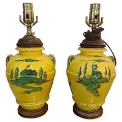 Antique Pair of French Yellow and Green Vases Mounted as Lamps