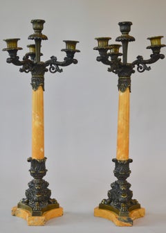 Pair of French Yellow Marble and Bronze Candelabra