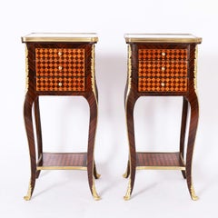 Paar französische Ständer oder Tische aus Zebraholz und Parkett mit Marmorplatte