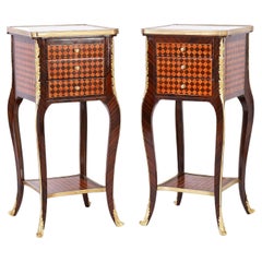 Pair of French Zebra Wood and Parquetry Marble Top Stands or Tables