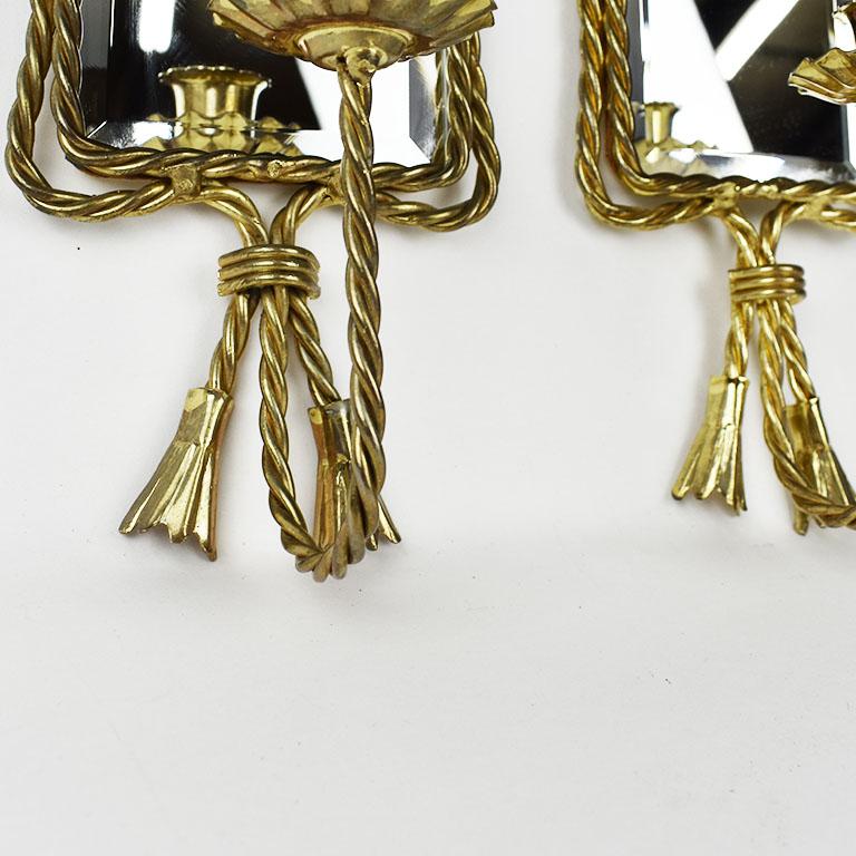 French Provincial Pair of French Gold Trompe L’Oeil Tassel Wall Candle Sconces with Mirror, a Pair