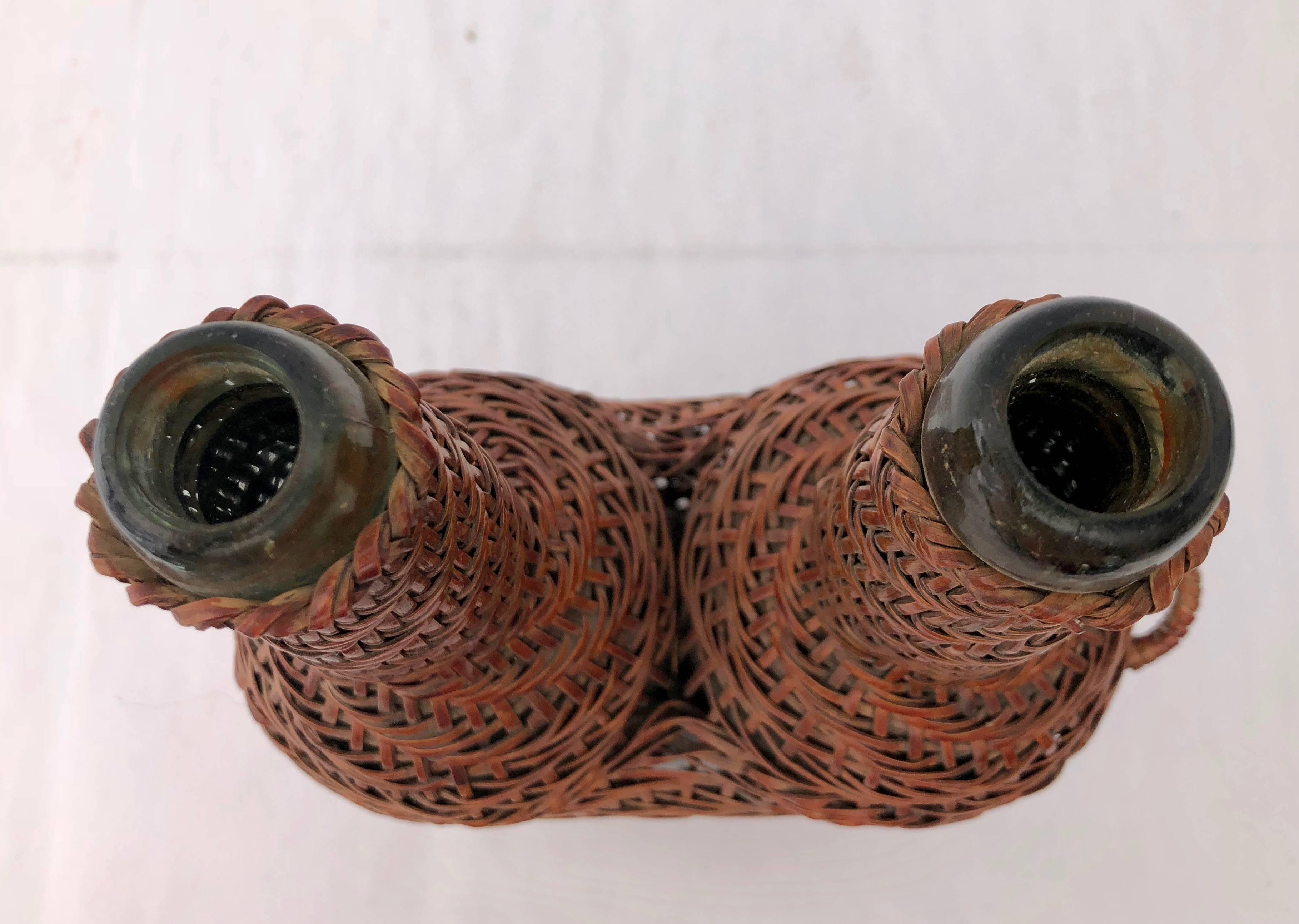 French Hand Blown Bottles Surrounded by Woven Wicker with Detached Handle, Pair For Sale 2