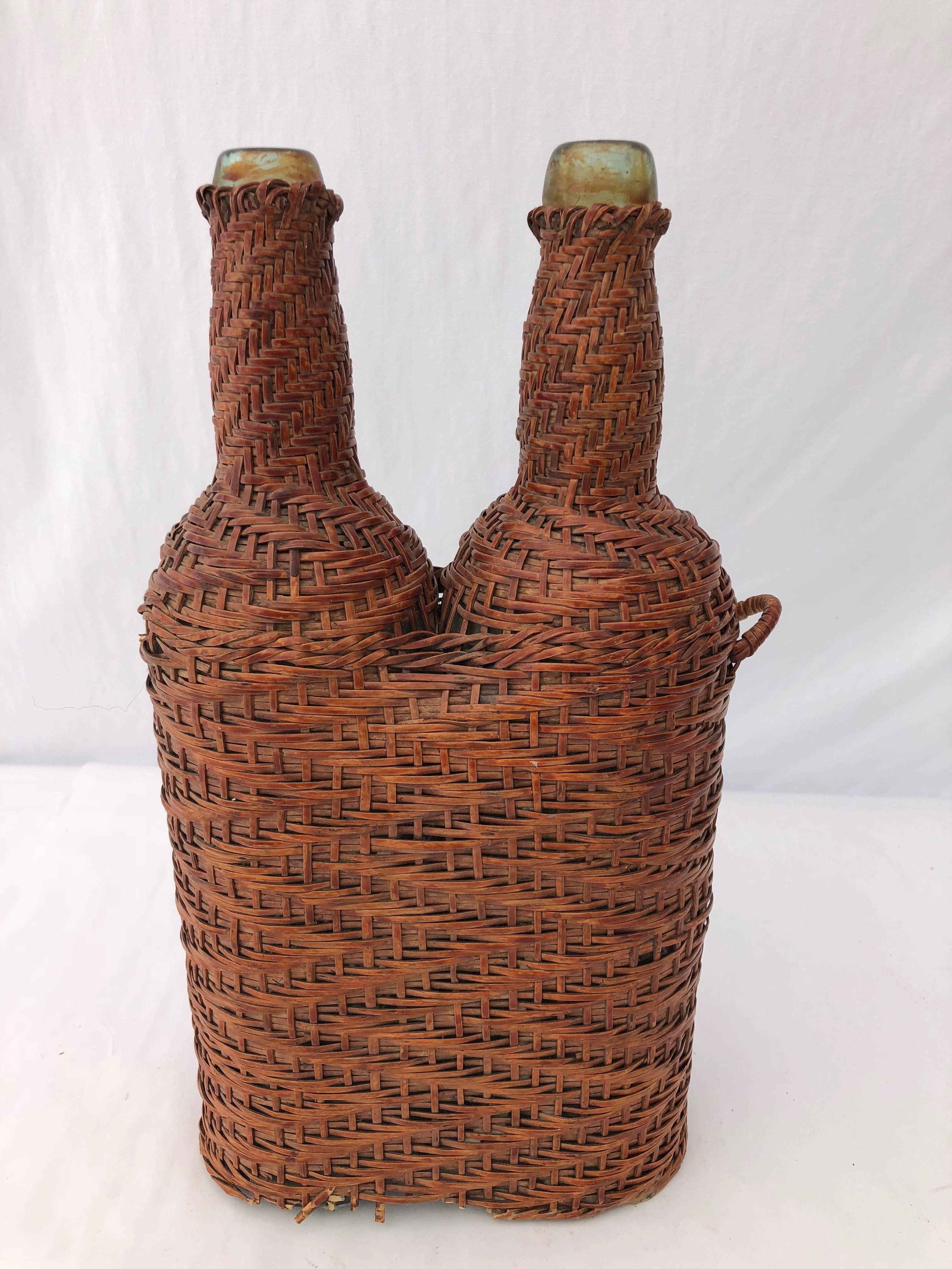 French Hand Blown Bottles Surrounded by Woven Wicker with Detached Handle, Pair For Sale 3