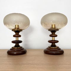 Pair of French Tiered Wood & Frosted Glass Lamps