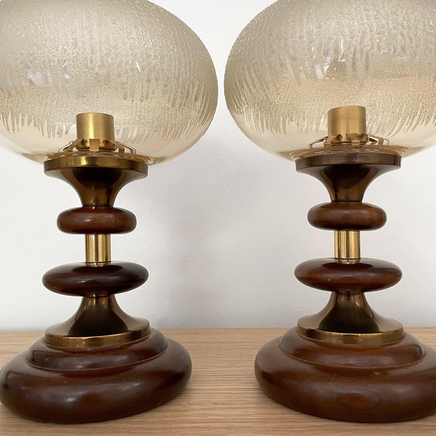 Pair of French Tiered Wood & Frosted Glass Lamps In Good Condition For Sale In Los Angeles, CA