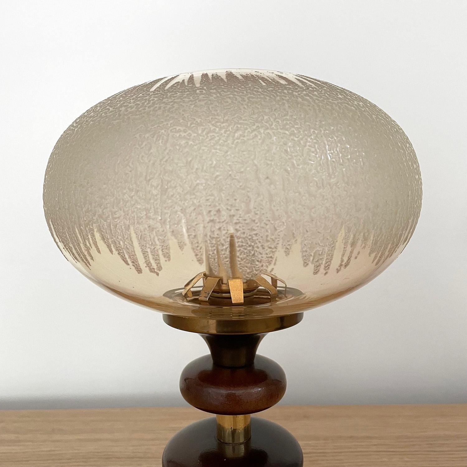 Mid-20th Century Pair of French Tiered Wood & Frosted Glass Lamps For Sale