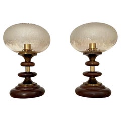 Retro Pair of French Tiered Wood & Frosted Glass Lamps