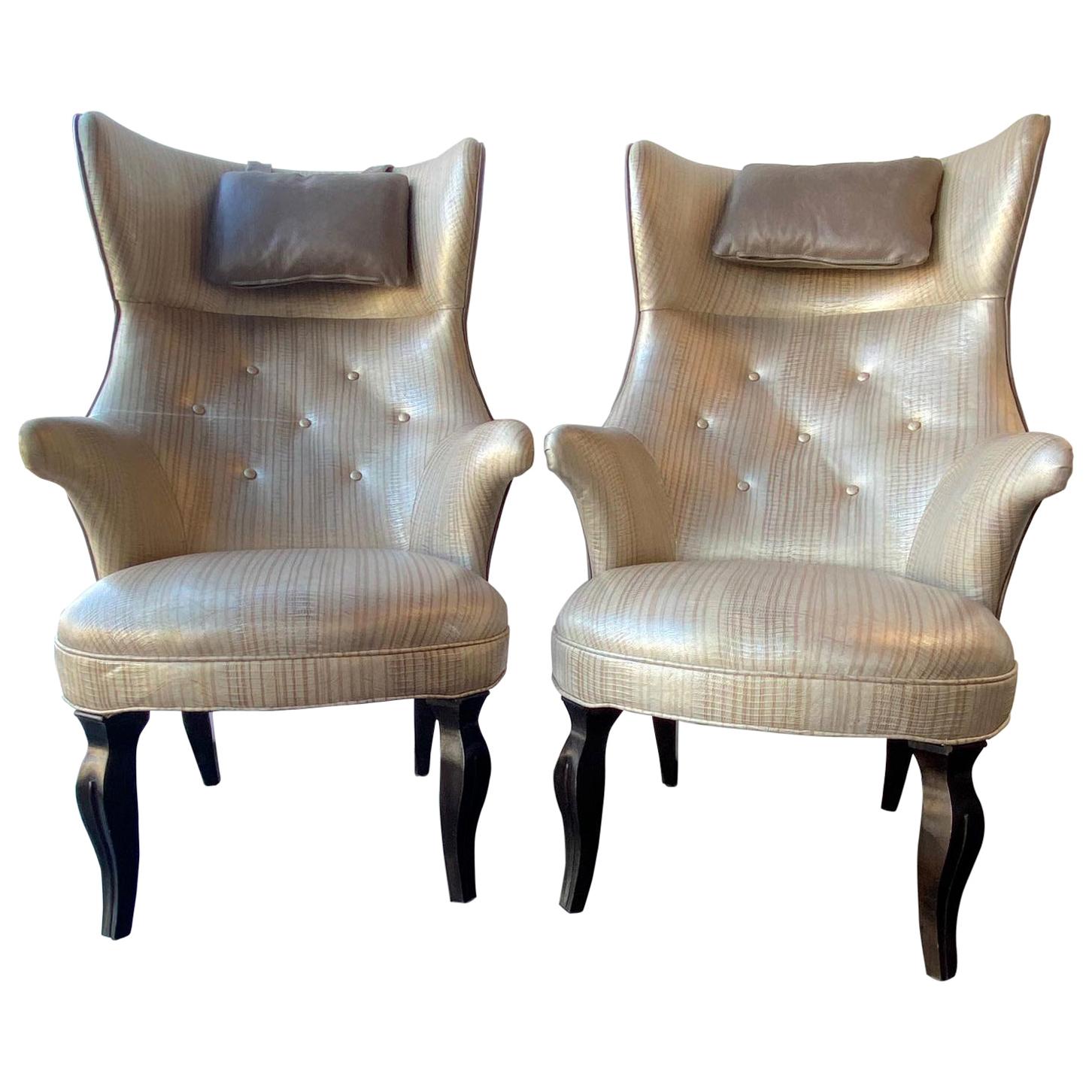 Pair of Frits Henningsen High Back Wing Chairs, Denmark, 1950