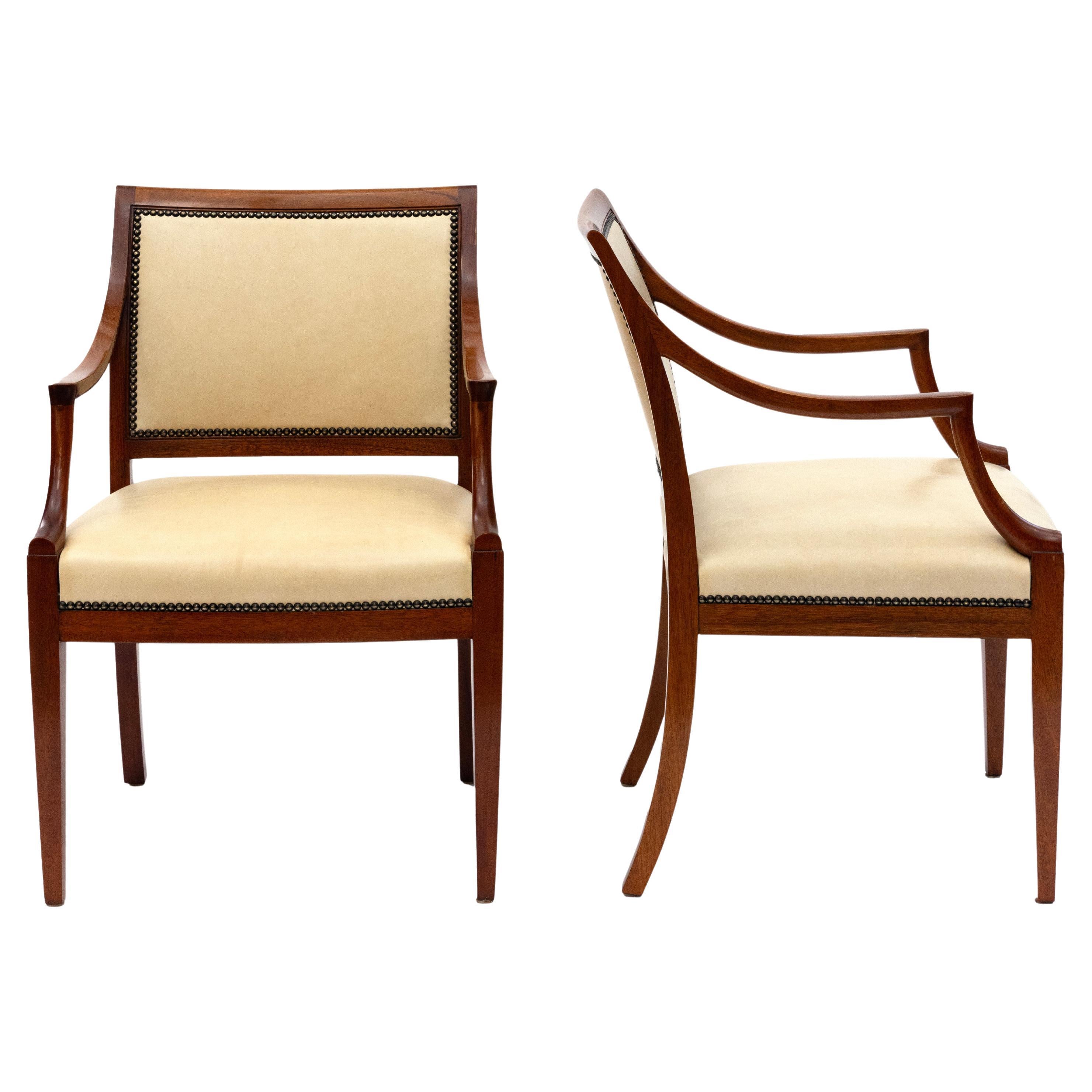 Pair of Frits Henningsen Mahogany and Leather Open Armchair, circa 1940s
