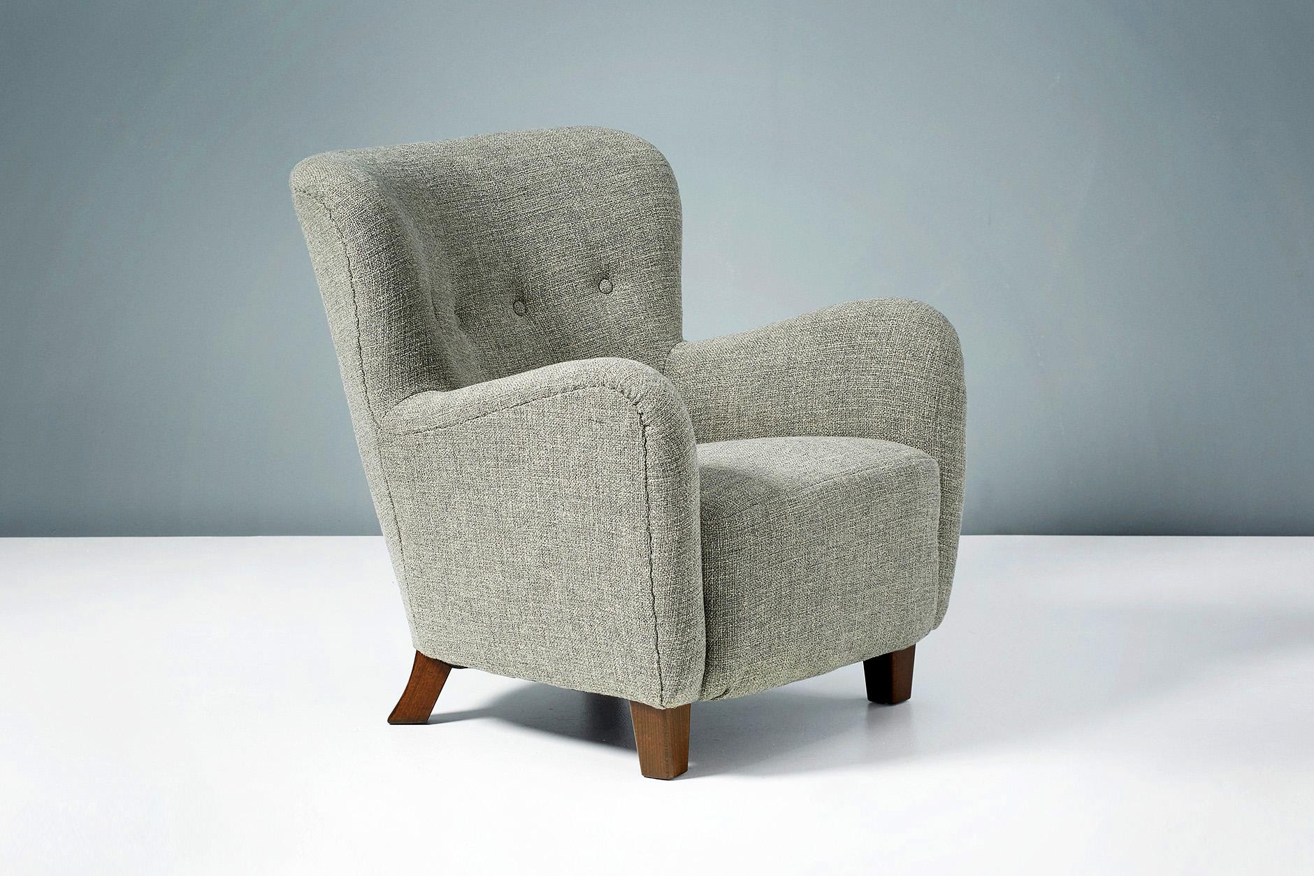 Danish Pair of Fritz Hansen 1940s Linen Armchairs