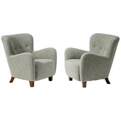 Pair of Fritz Hansen 1940s Linen Armchairs