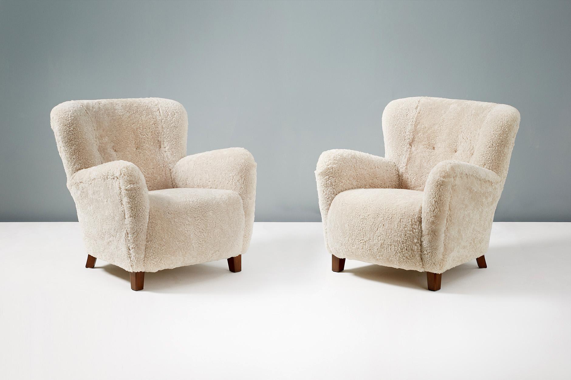 Pair of Fritz Hansen 1940s Sheepskin Armchairs 1