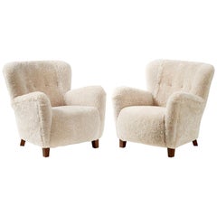 Pair of Fritz Hansen 1940s Sheepskin Armchairs